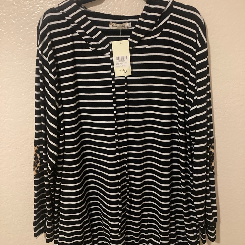 Southern stitch Chic Black and White Striped Women's Hoodie with leopard accents